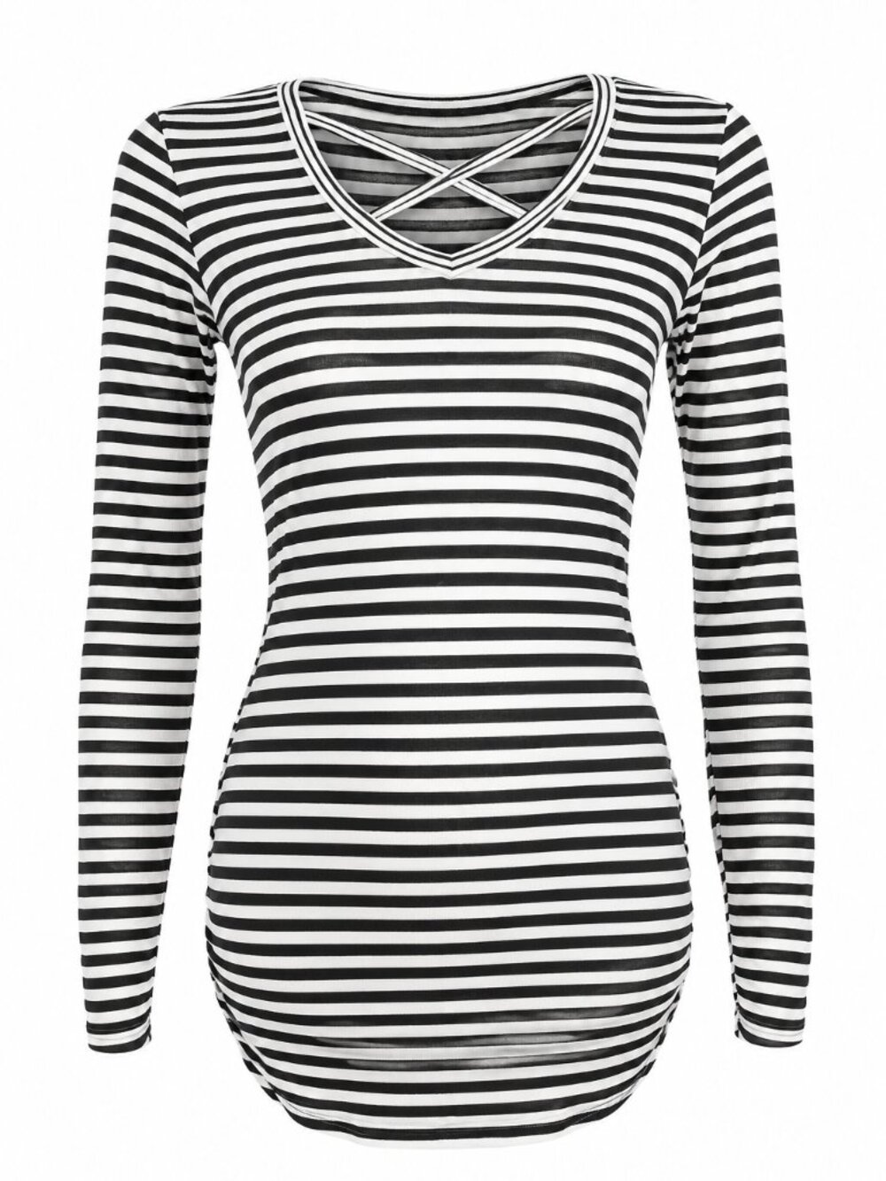 NWT POOF! Women’s Black White Striped Top Criss Cross V-Neck Long Sleeve Small